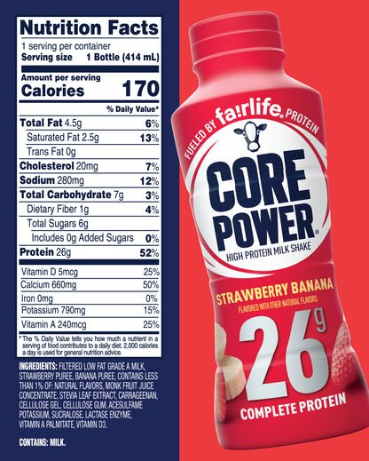 fairlife Core Power 26g high quality protein shake 14 fl oz (pack of 12); Strawberry Banana 