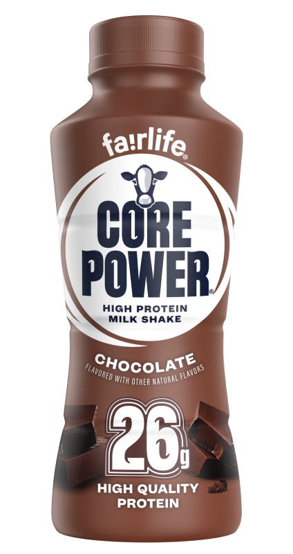 Fairlife Core Power High Protein Milk Shake chocolate flavor bottle on a white background